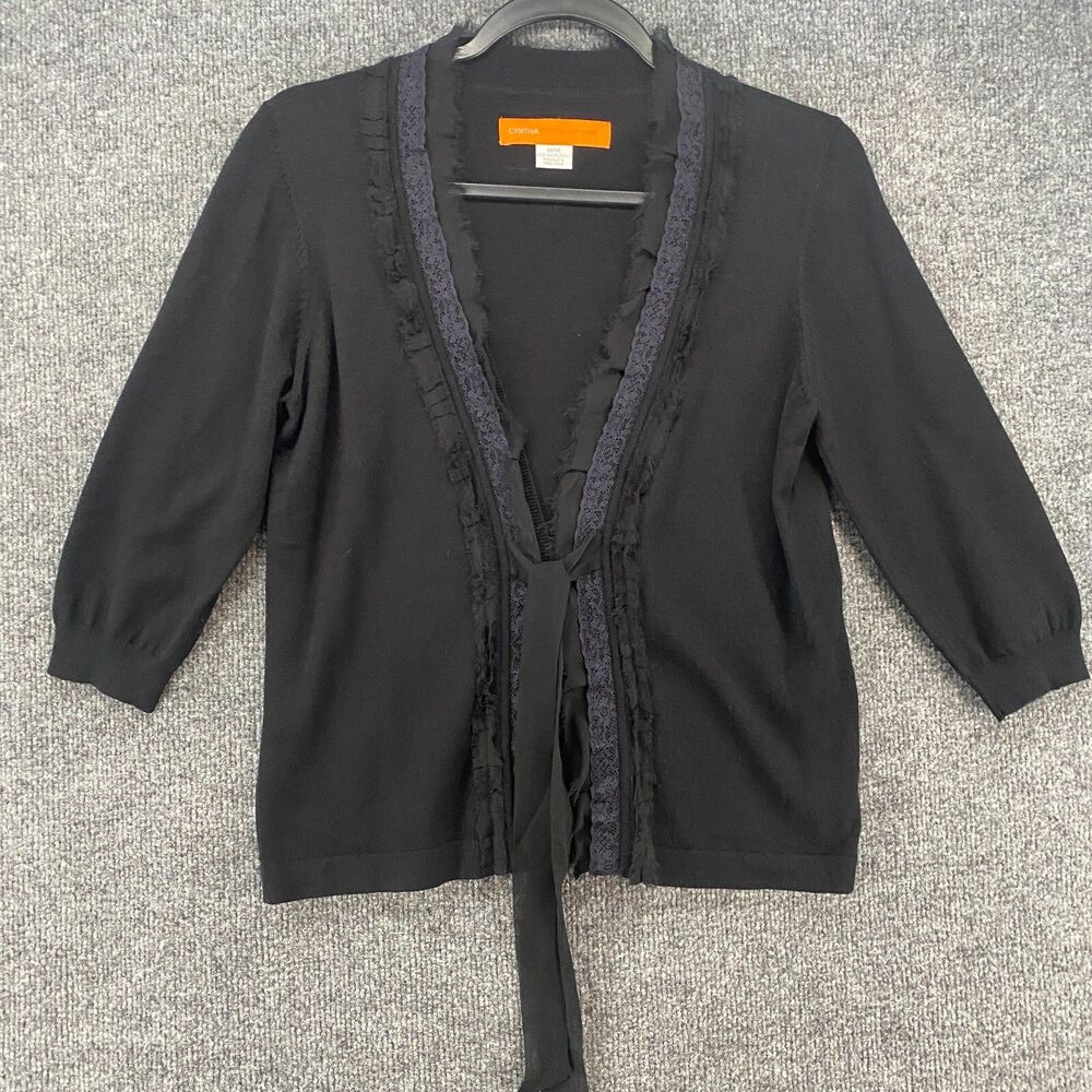 Cynthia Steffe Cardigan Sweater Womens M Black Front Tie Preppy Old Money Classy